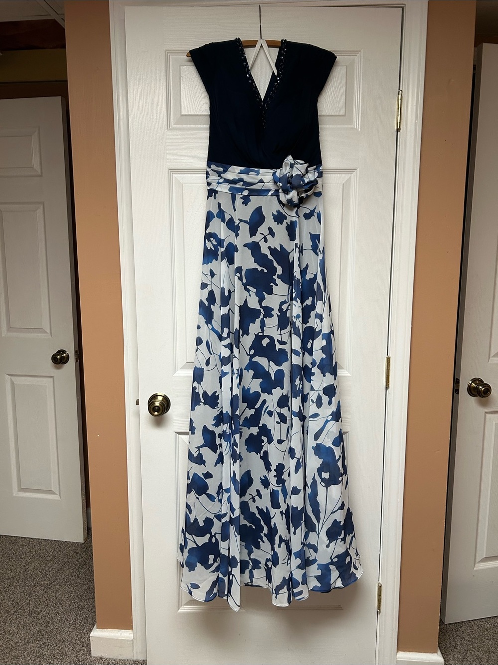 Navy and White Floral A-Line Evening Gown